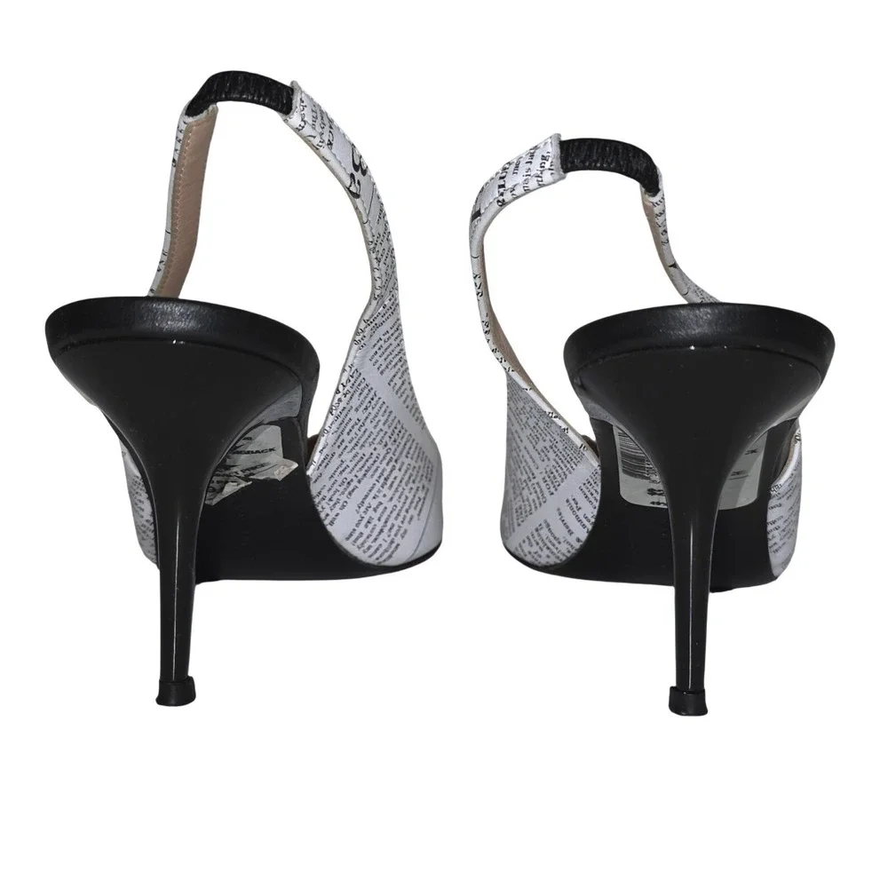 John Galliano Paris Newspaper Print Slingback Heels Womens 9.5 White Black EUC - Picture 11 of 12